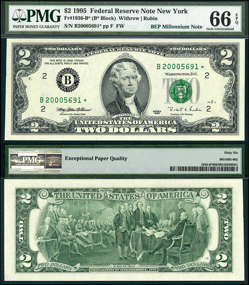 1995 $2 Millennium Federal Reserve PMG Star Set